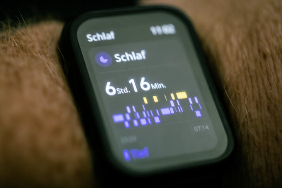 Zbliżenie na wyświetlacz smartwatcha pokazujący statystyki przespanej nocy w języku niemieckim.