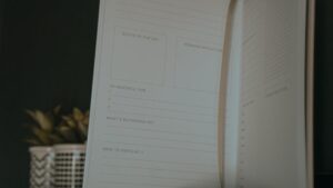 Otwarty dziennik z miejscem na notatki i wdzięczność obok rośliny doniczkowej.