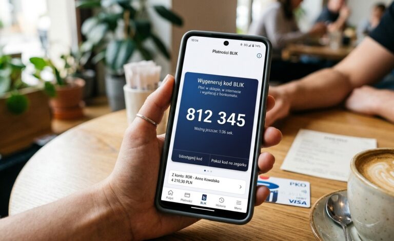 kod BLIK na ekranie telefonu trzymanego w ręce przez kobietę w kawiarni